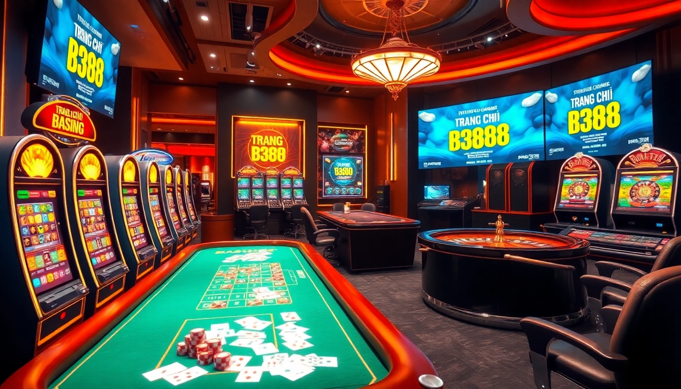 Experience the excitement of Trang Chủ BJ88 with vibrant slot machines and poker tables in a luxurious online casino setting.