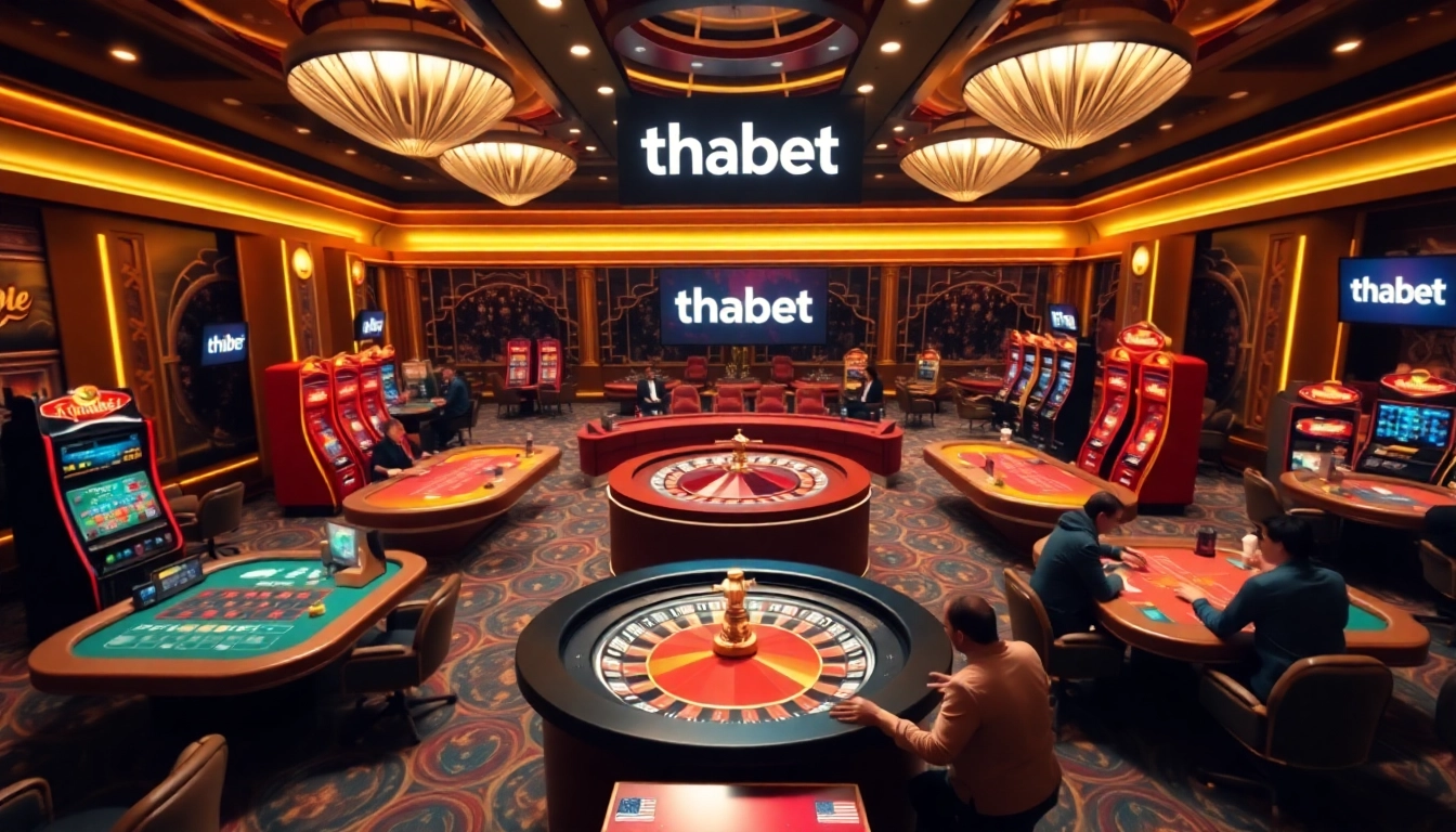 Experience the thrill of gambling at thabet's luxurious online casino, featuring vibrant slot machines and engaging tables.