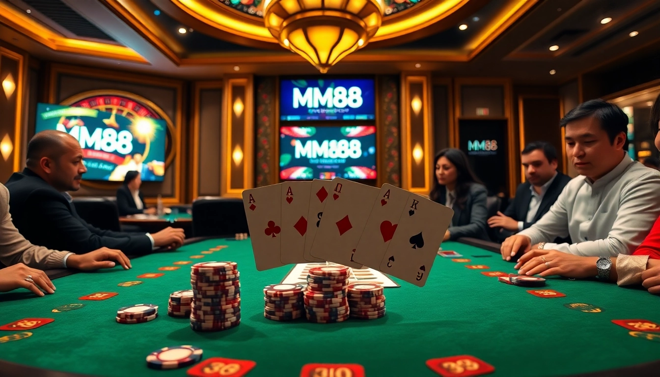 MM88 poker table with vibrant action and high-stakes atmosphere in a luxury casino.
