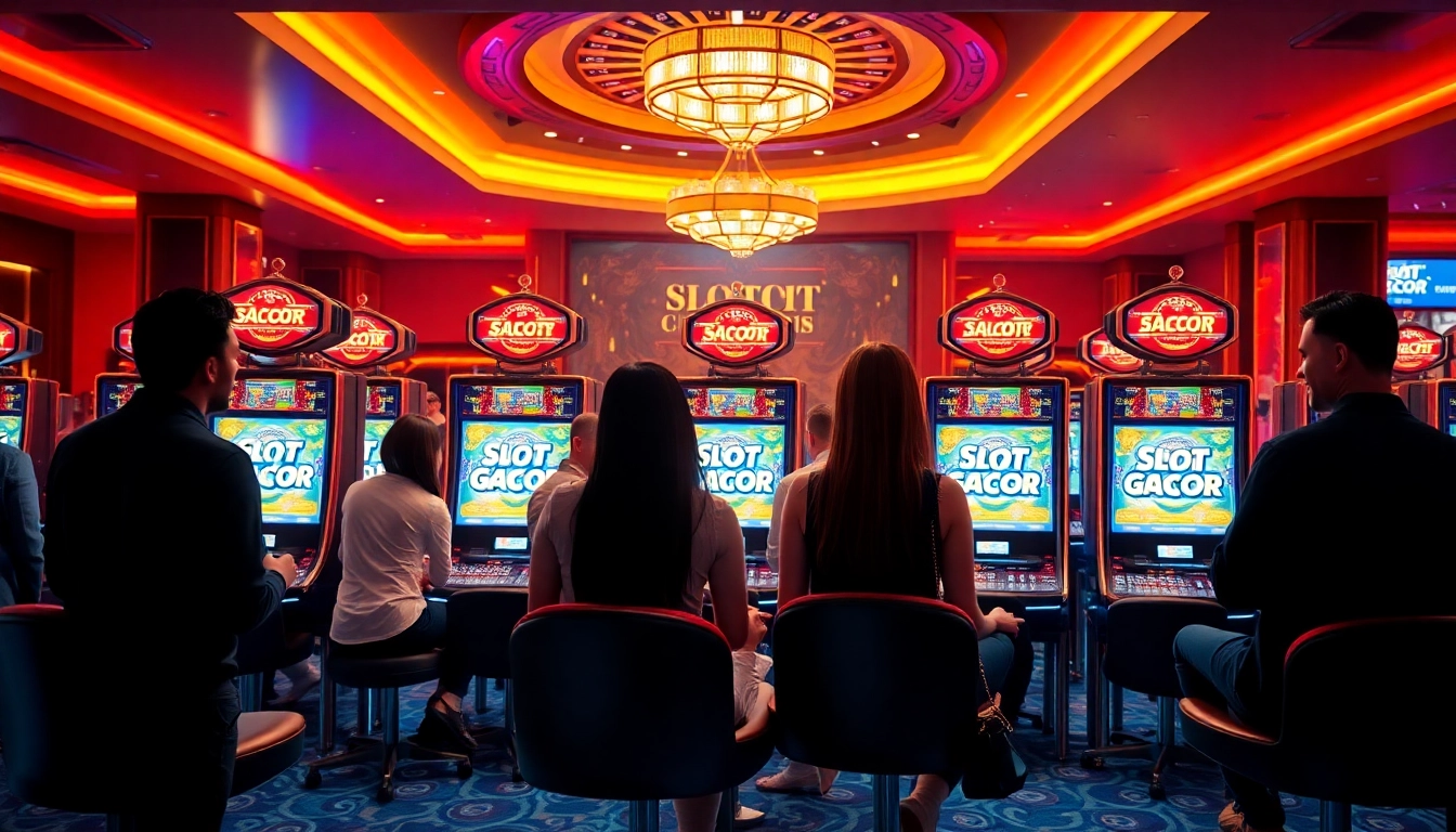 Players enjoying high-stakes Slot Gacor games at a luxurious casino with vibrant slot machines.
