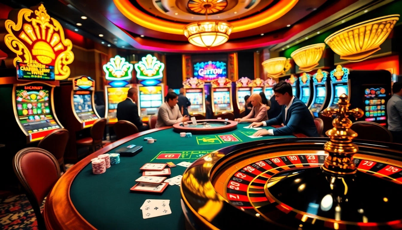 Experience the thrill of Hi8823 with a vibrant casino scene featuring high-stakes poker and exciting slot machines.