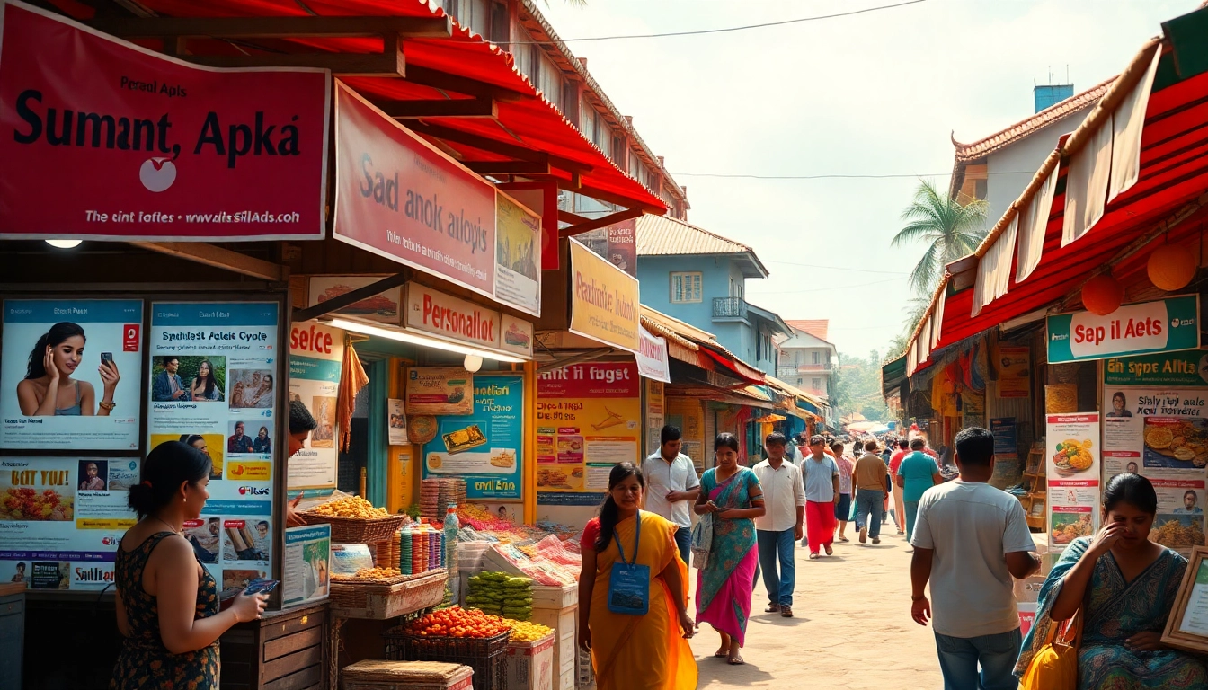 Explore vibrant SL Ads in a lively Sri Lankan marketplace filled with colorful stalls and community interaction.