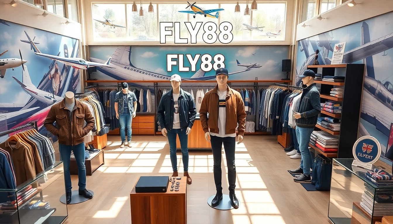 FLY88 aviation-themed apparel collection showcasing pilot jackets and trendy tees.