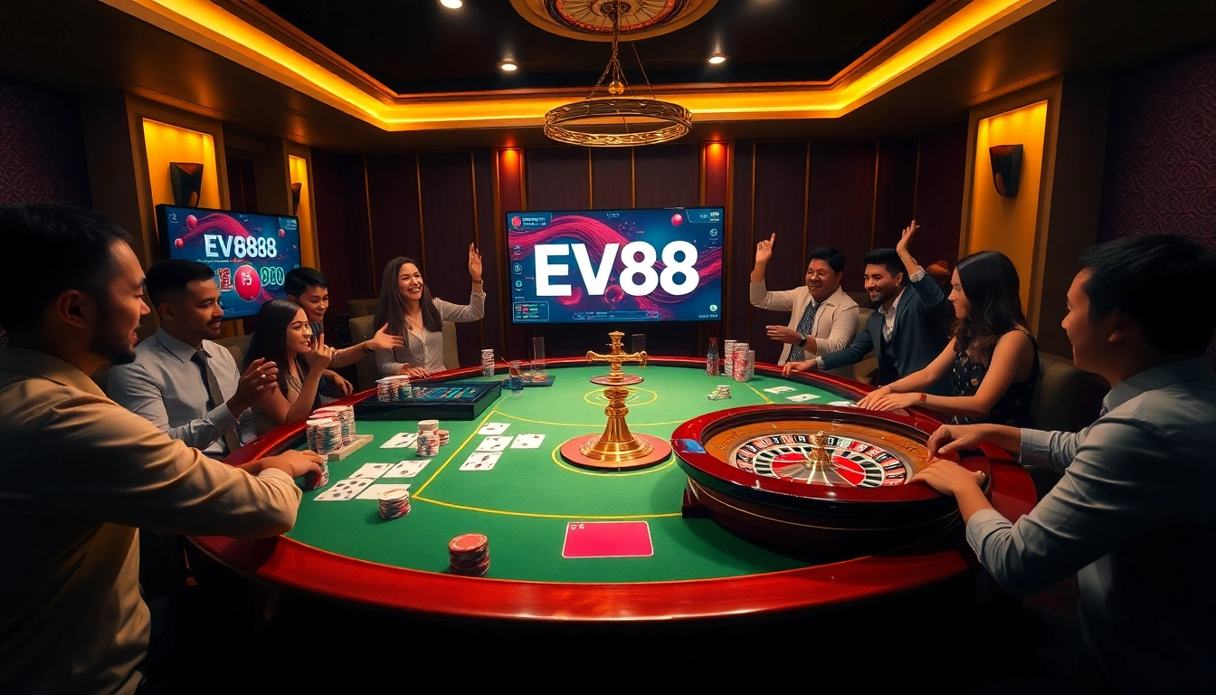 Players celebrating their wins at EV88 online casino table with elegant decor.