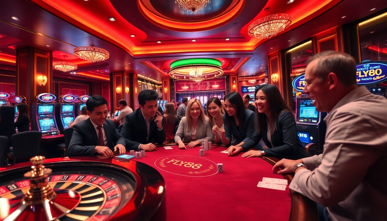 FLY88 gamblers enjoying a thrilling poker game under luxurious casino lighting.