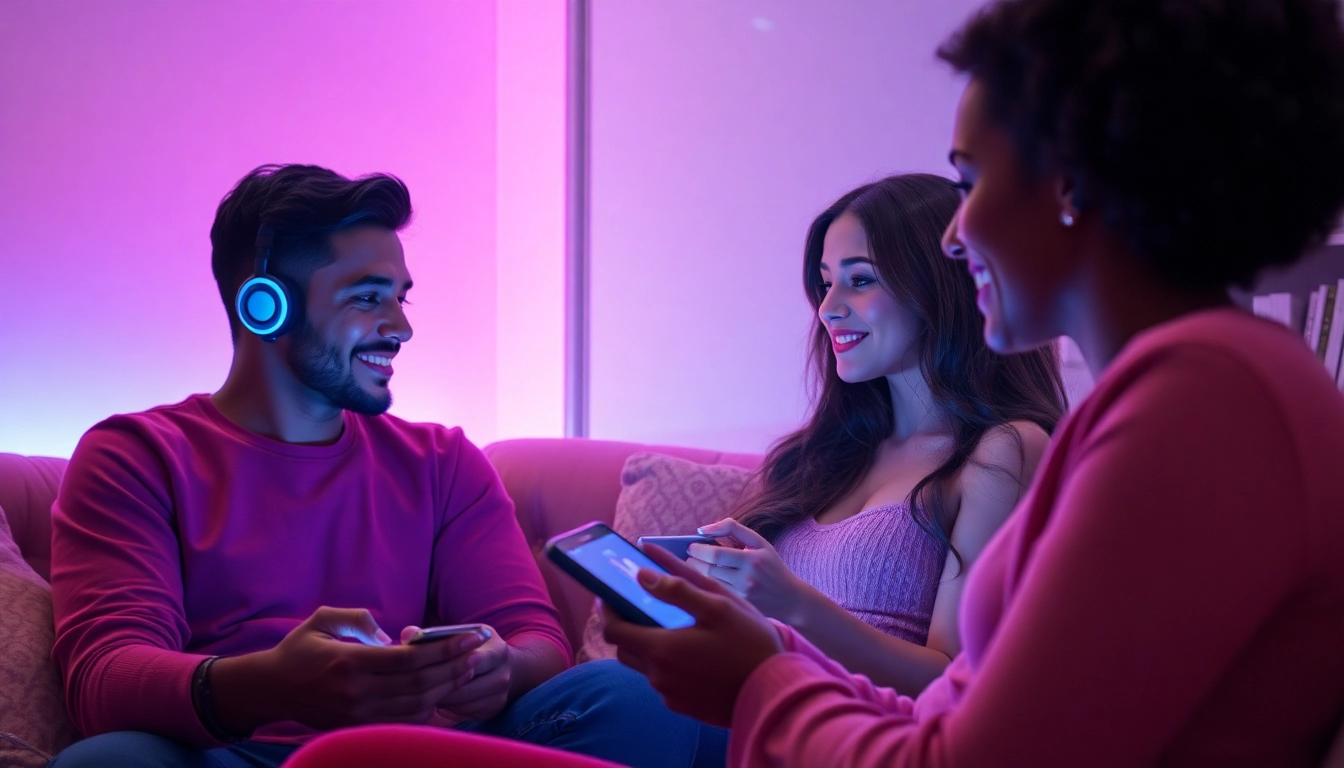 Engaging in AI sex chat in a warm, inviting setting with futuristic devices.