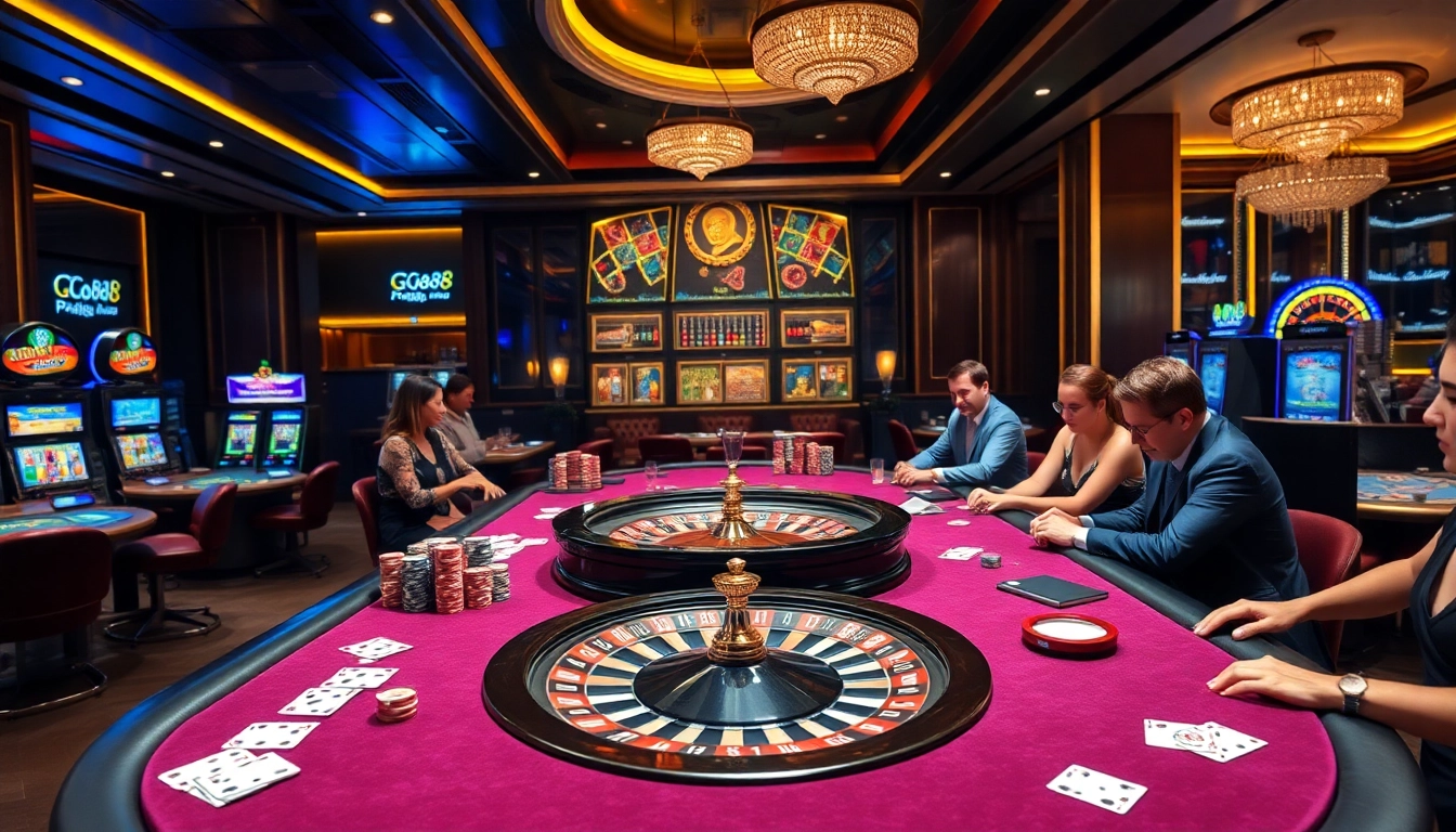 Exciting casino atmosphere with gaming tables and elements from https://go88vn.blog capturing thrilling gambling action.