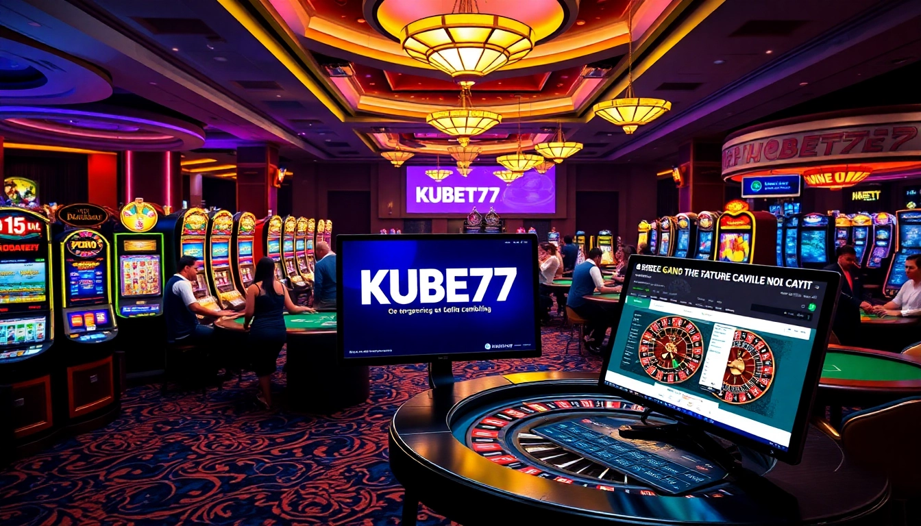 KUBET77's online gambling interface showing vibrant slot machines and poker tables in a luxury casino setting.