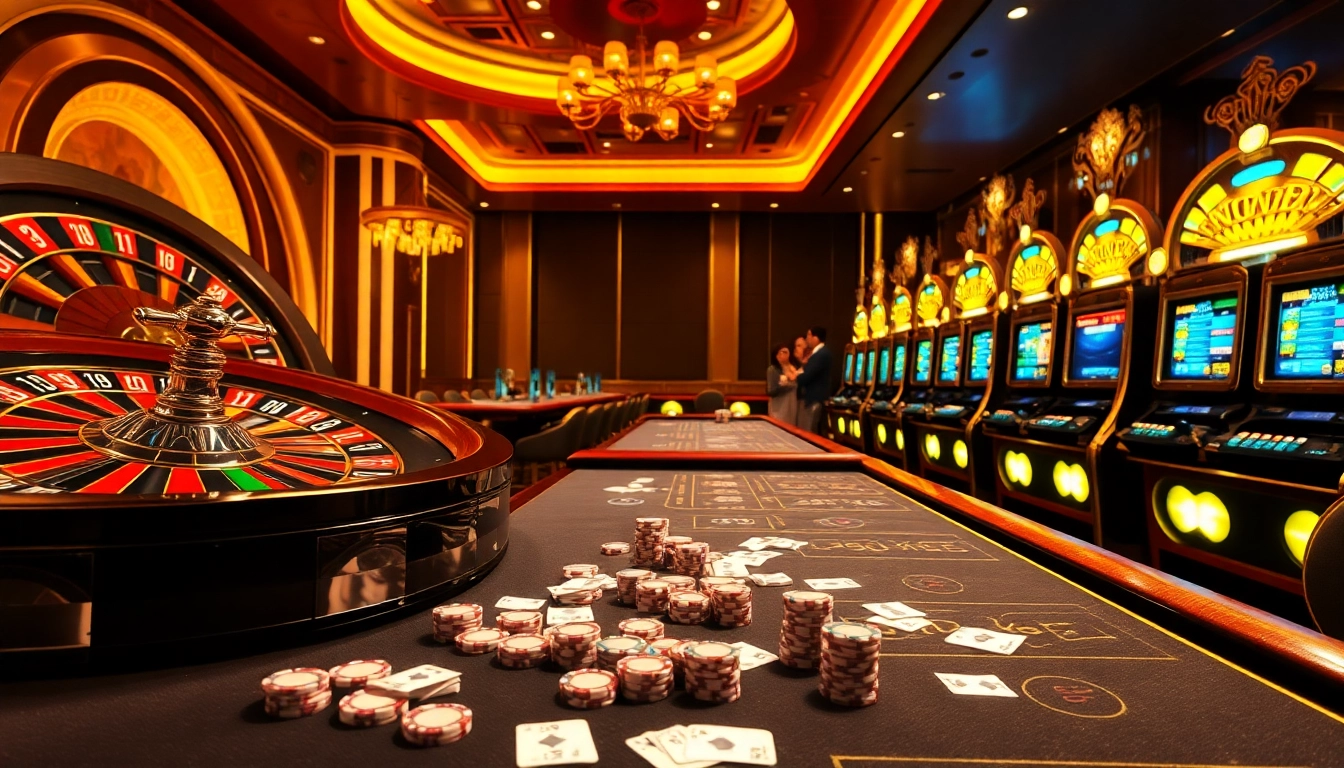 Experience the excitement of Khuyến mãi Five88 with vibrant casino visuals featuring poker tables and roulette wheels.
