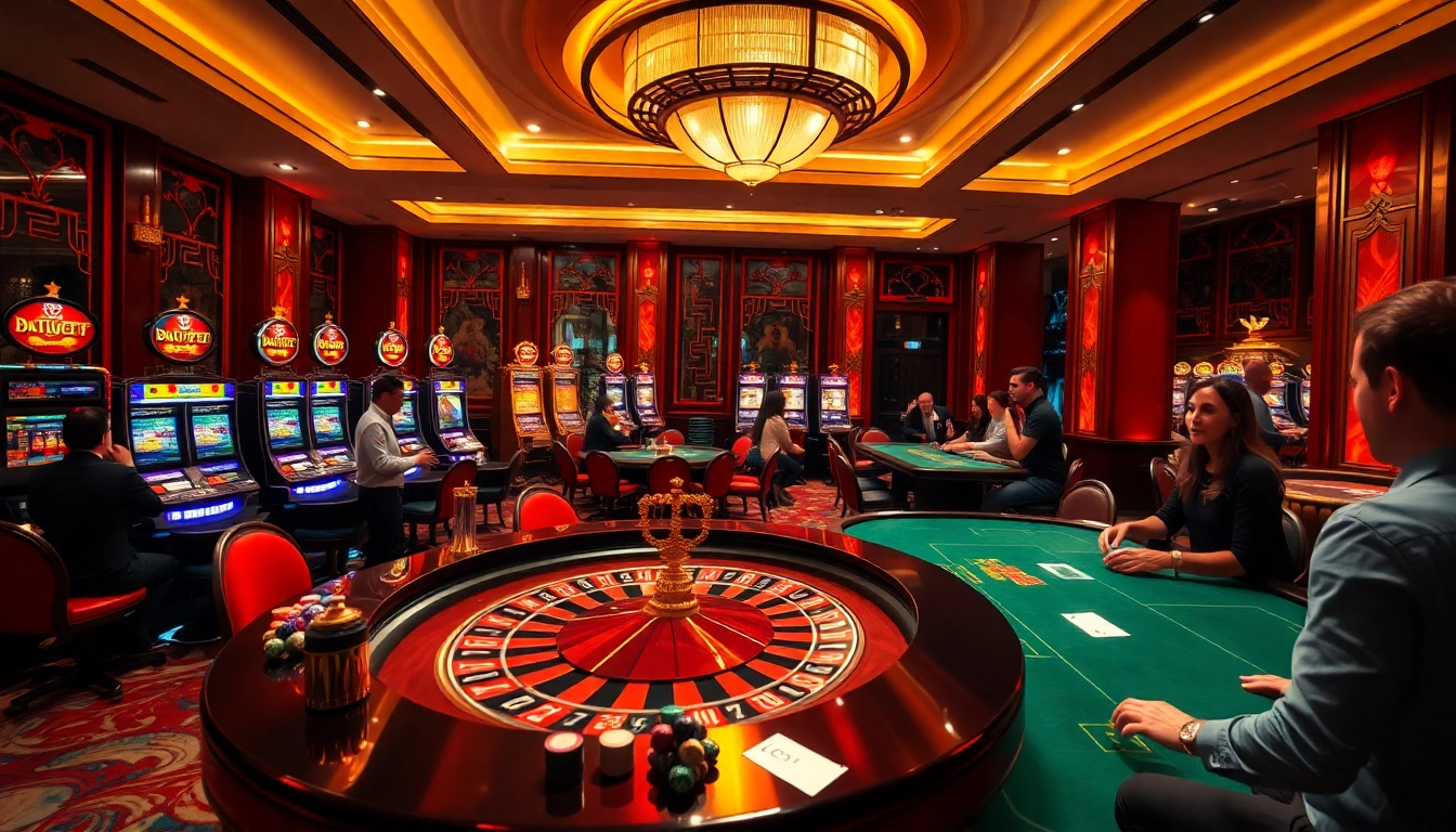 Dynamic gaming scene at nhà cái 789P casino with players at roulette and poker tables.