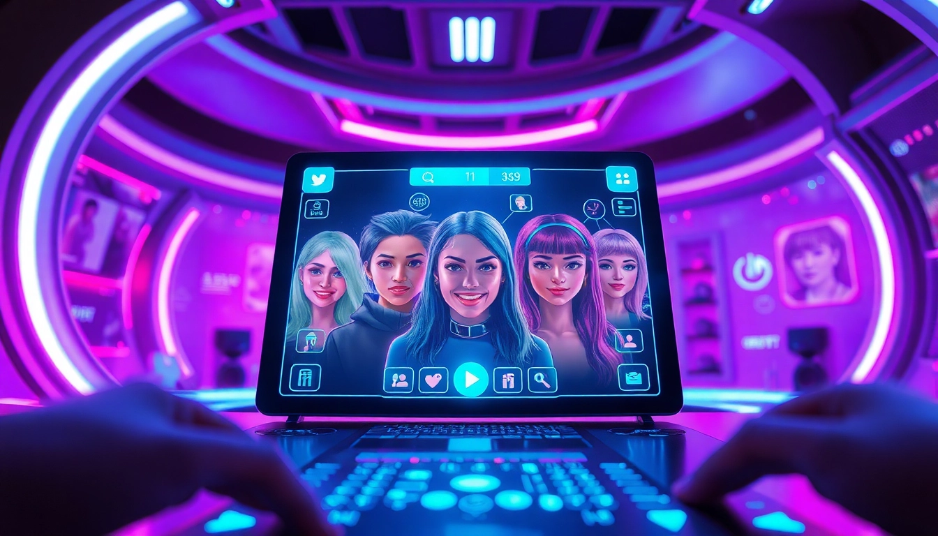 Engaging NSFW AI chatbot interface showcasing vibrant interactive avatars in a futuristic environment.