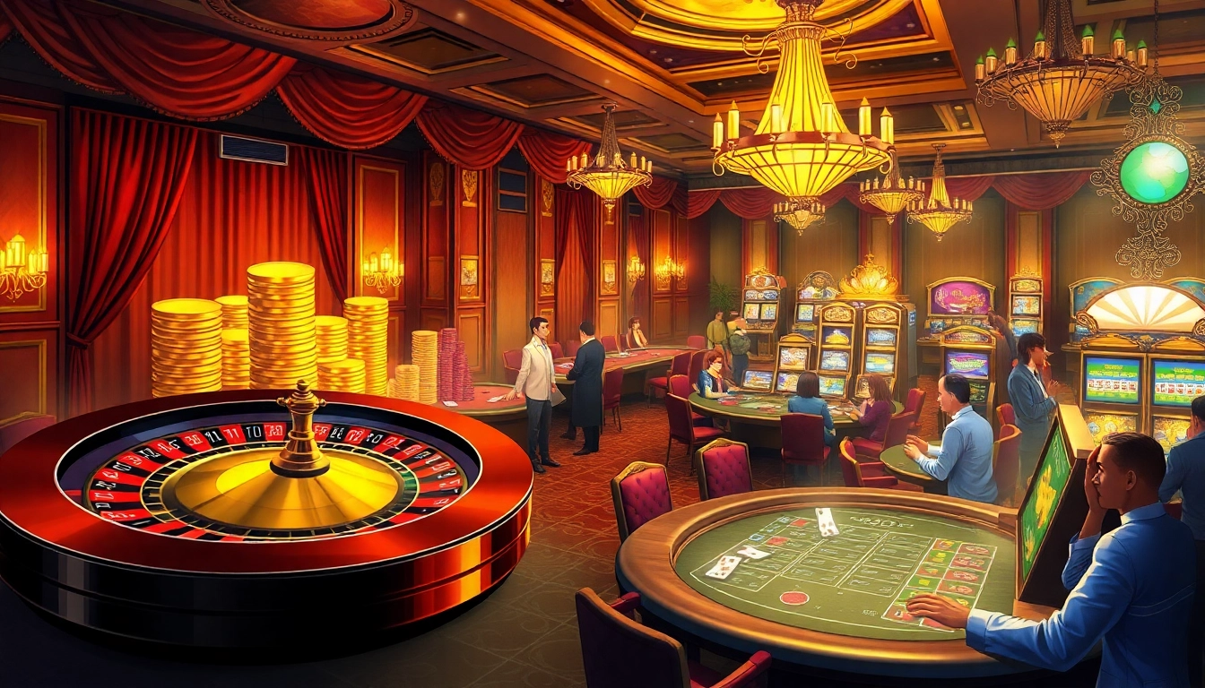 Experience the thrill of 33win in a luxurious casino setting with poker tables and vibrant slot machines.