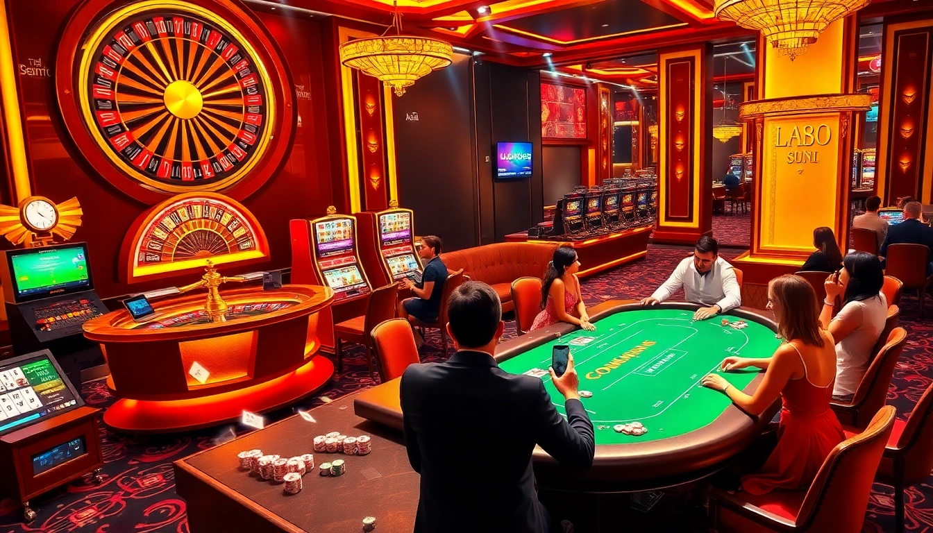 Players enjoying electrifying casino games at https://luck88com.net/, featuring dynamic table setups and vibrant atmosphere.