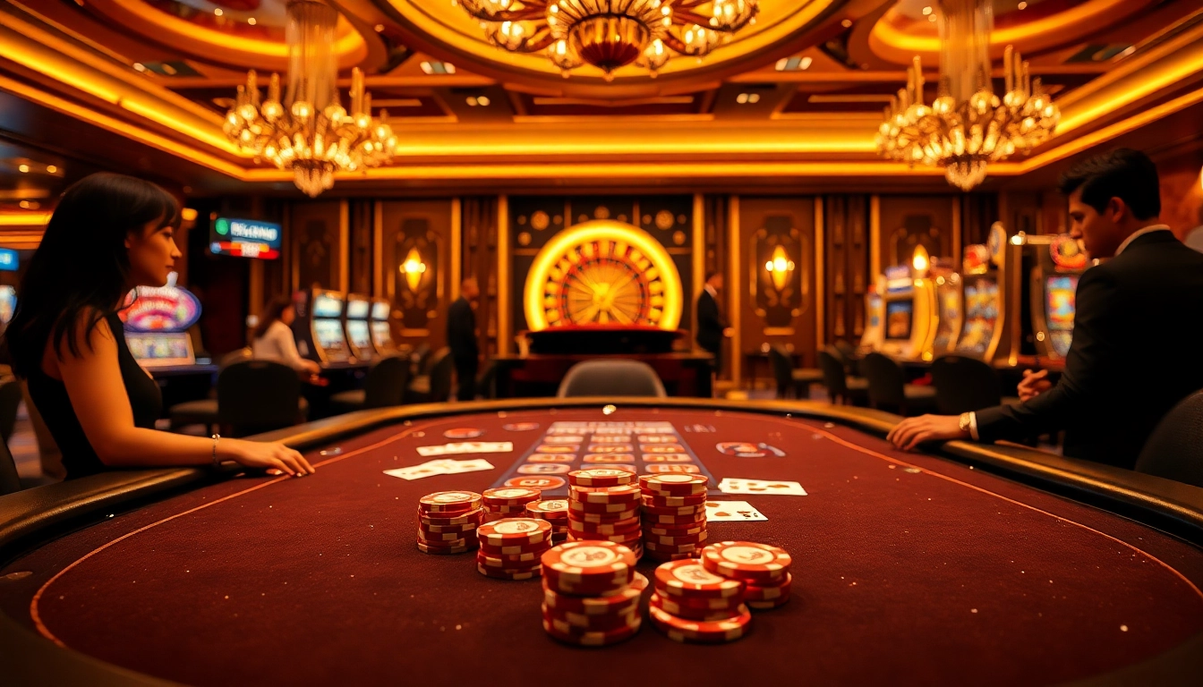 Experience the excitement of gambling at GG88 with a vibrant casino scene featuring poker and slot games.