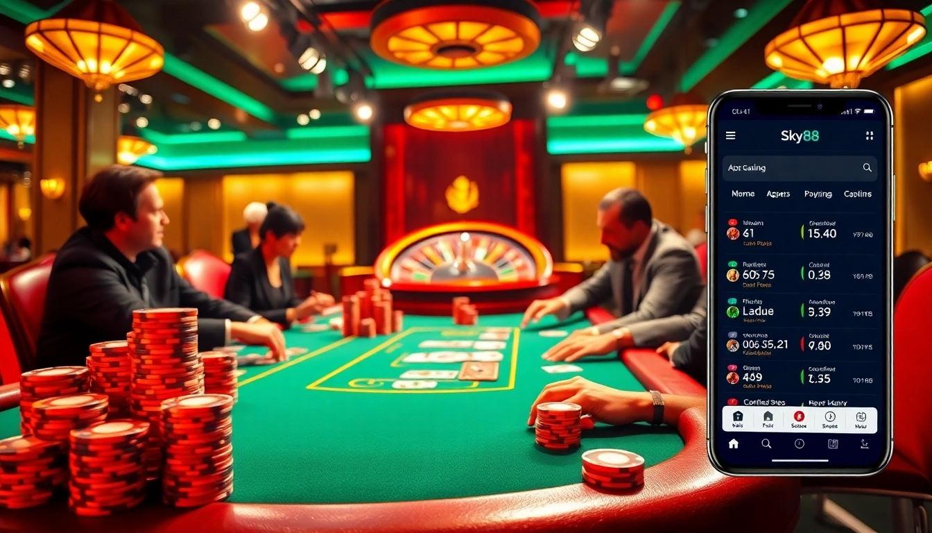 Engage with the thrilling app sky88 as players strategize at a lively poker table in a luxurious casino.