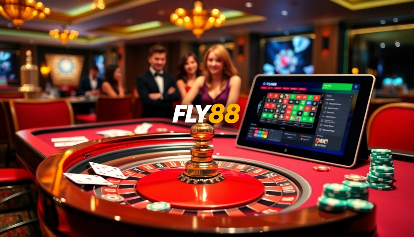 Experience the excitement of FLY88 with vibrant casino visuals, featuring roulette, cards, and poker chips.
