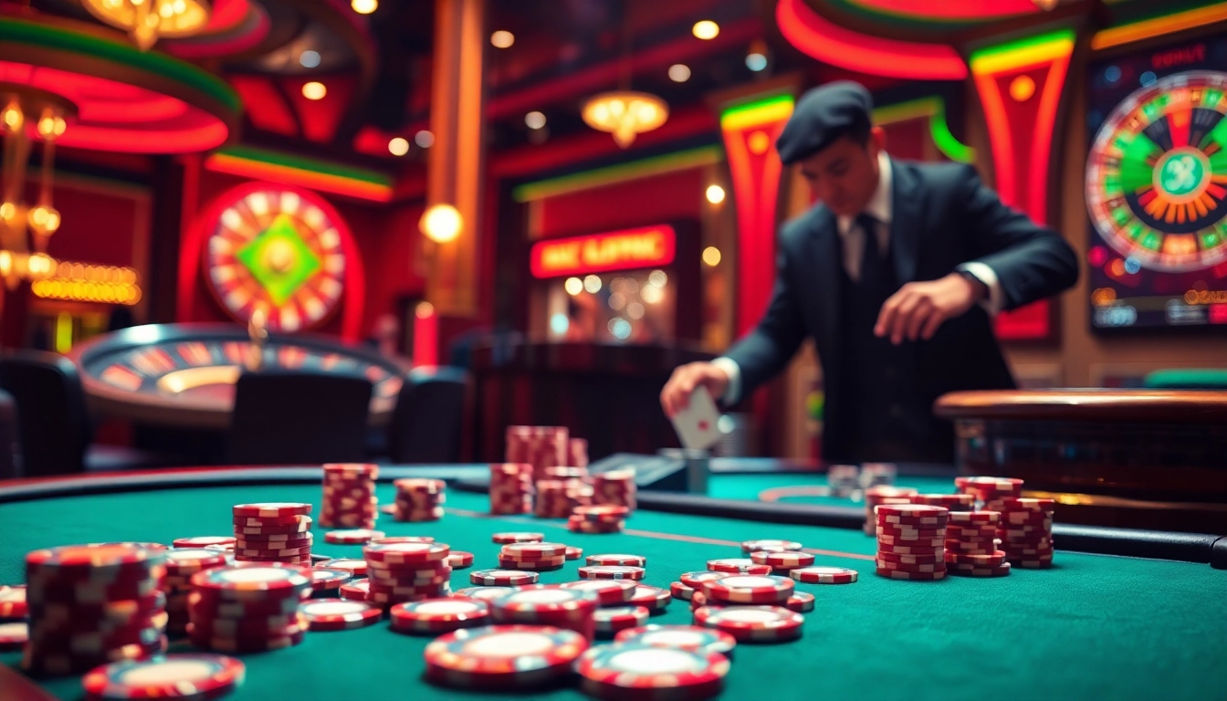 Experience the energy of khuyến mãi 33win, illustrated with poker chips and a roulette wheel in a luxurious casino.