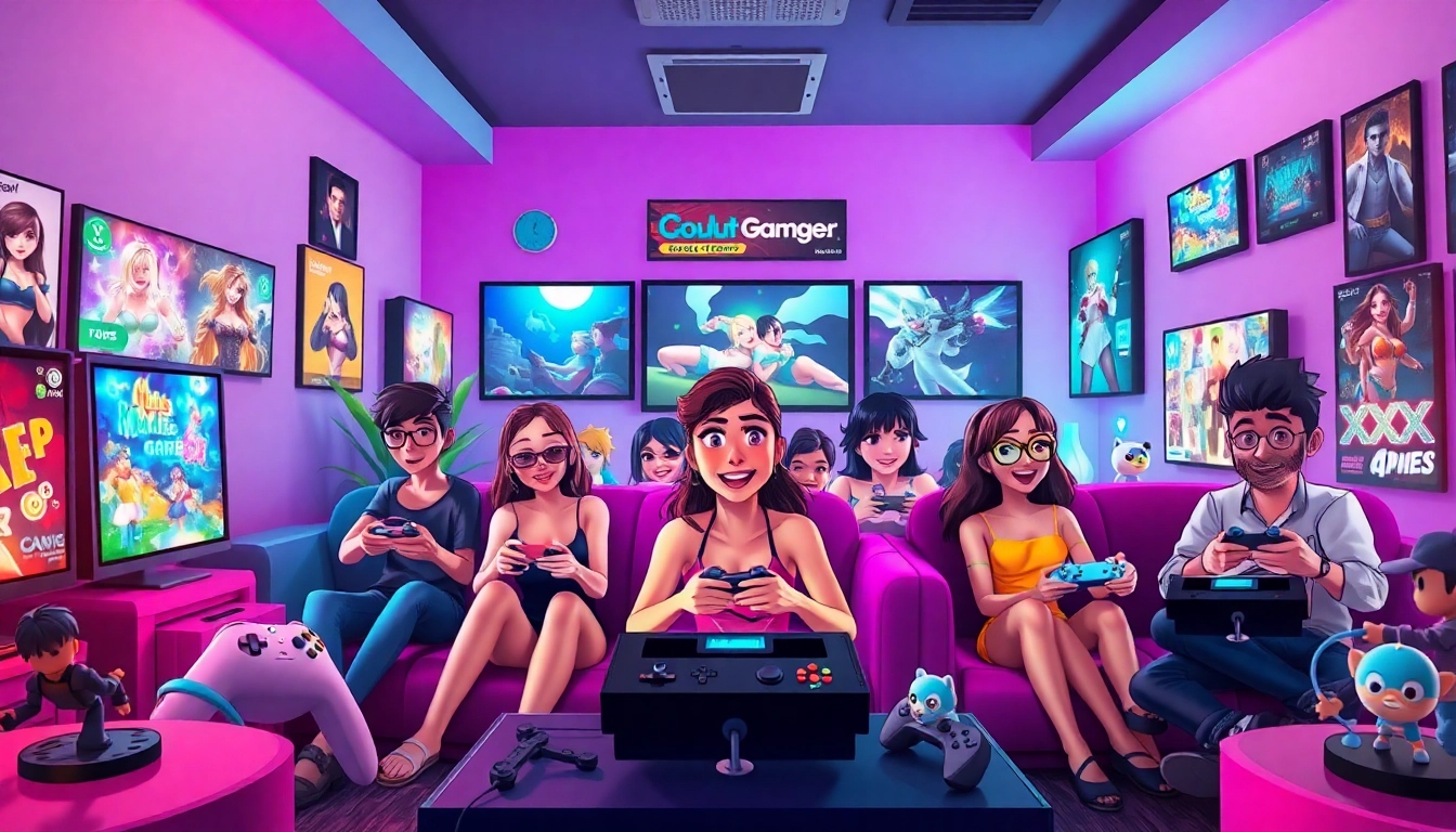 Engaging characters enjoying various XXX games in a vibrant gaming lounge.