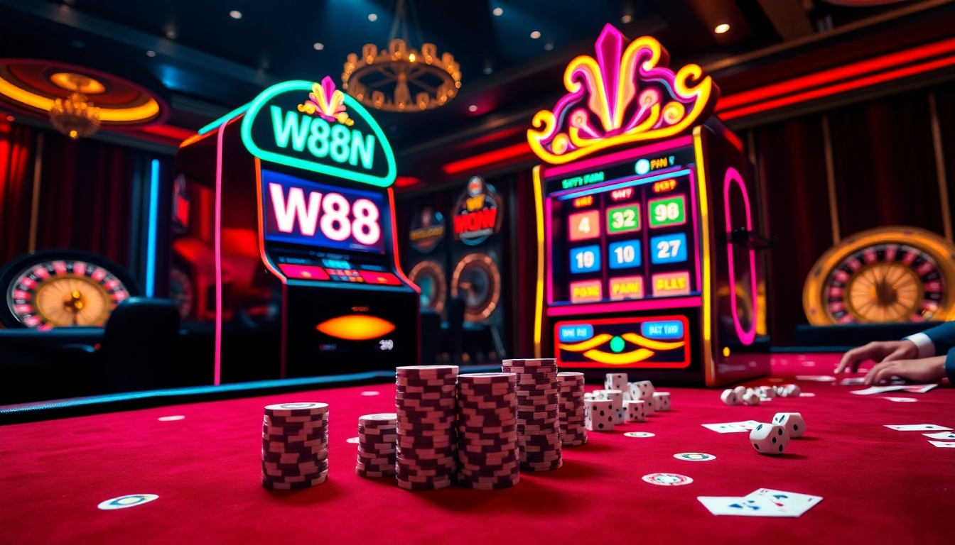 Engage with the excitement of the W88 Fan slot machine amidst a vibrant casino atmosphere.