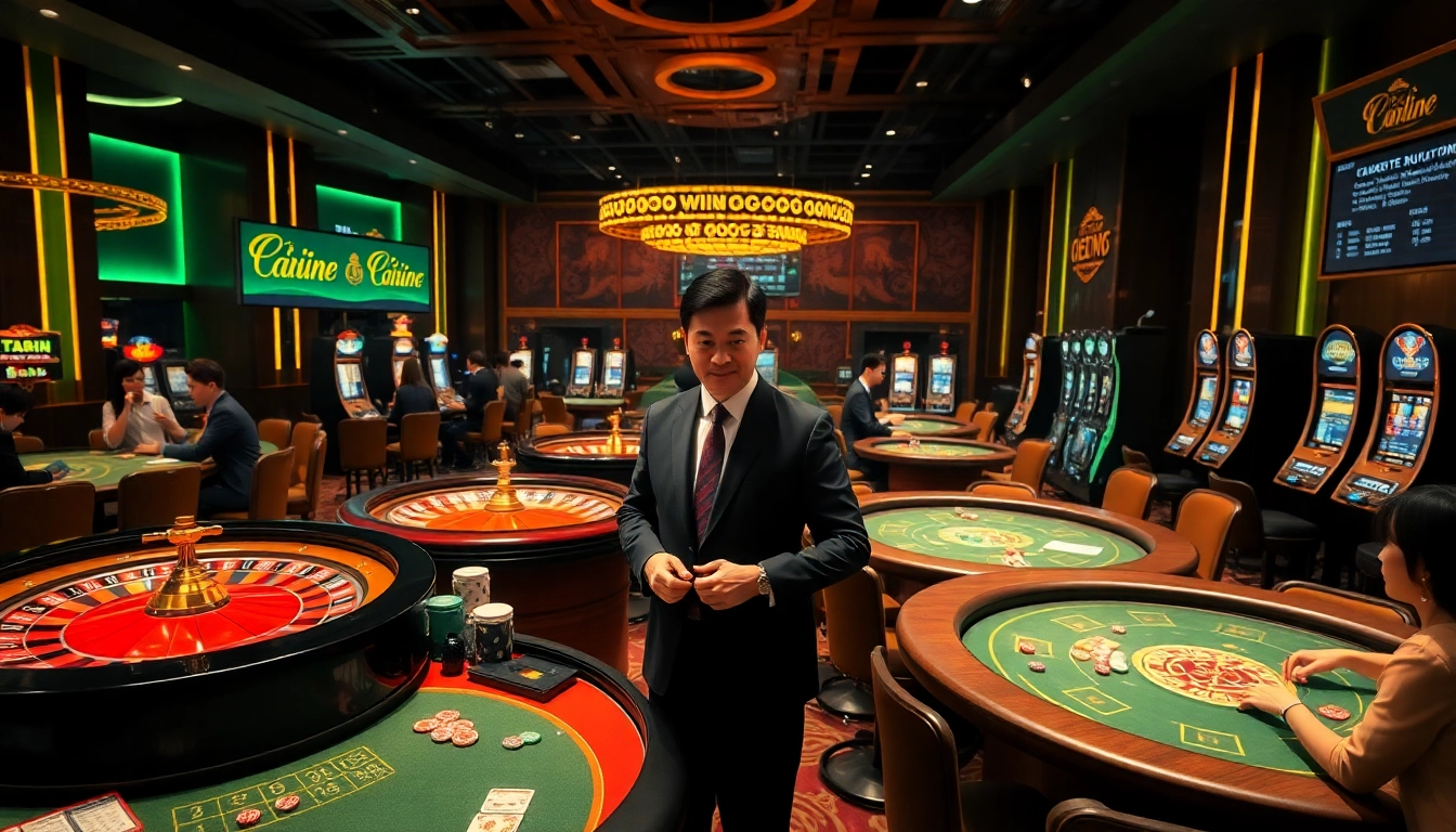Tác giả Trần Chinh analyzing gambling strategies amidst a vibrant casino scene with roulette wheels and poker tables.