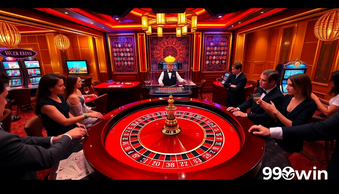 Place your bets at https://98win.fund with a lively casino atmosphere featuring roulette and poker chips.