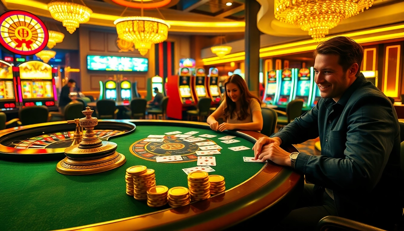Experience the thrill of high-stakes gaming at 8KBET with luxurious casino tables and vibrant slot machines.