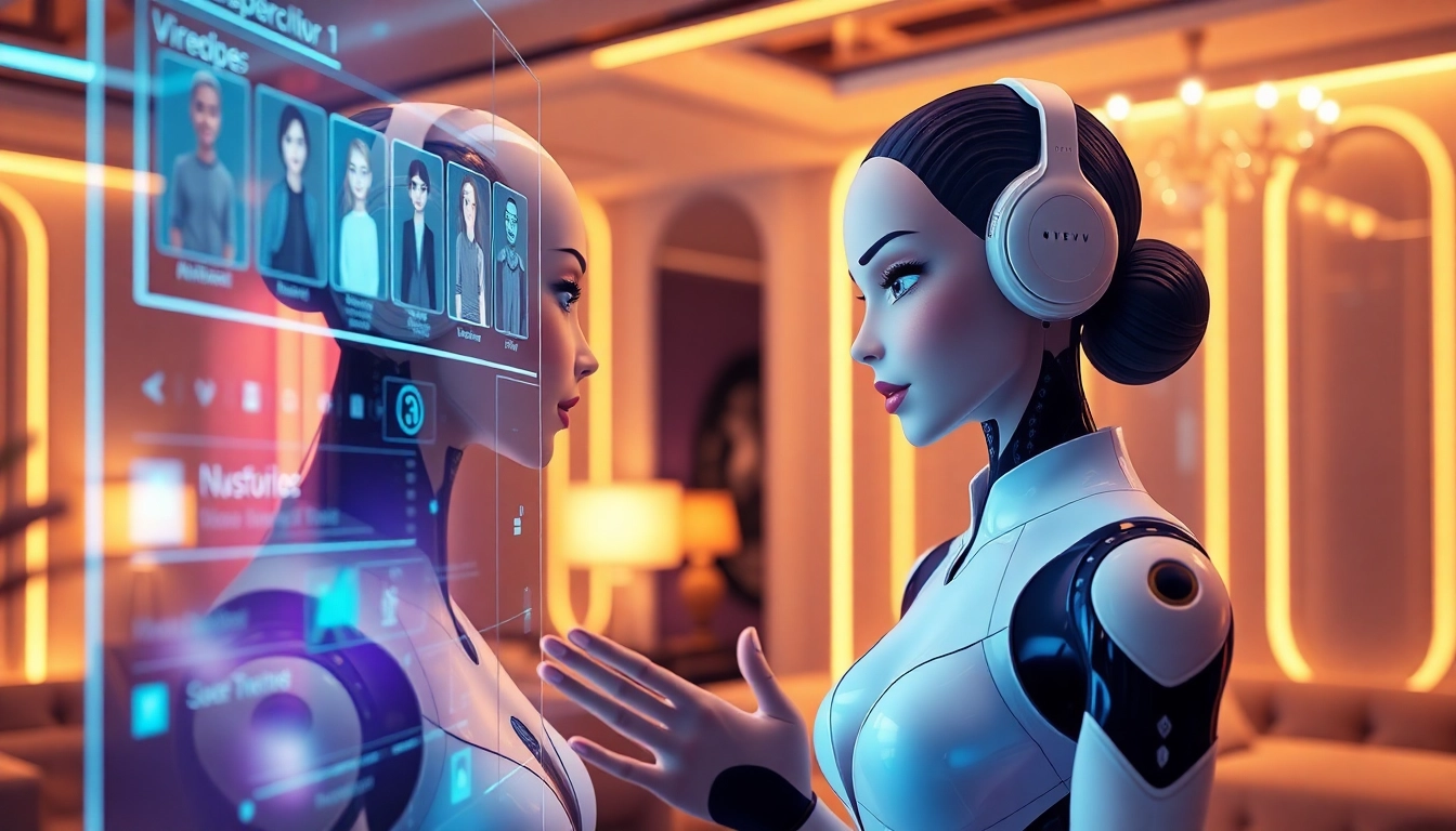 Engaging NSFW AI assistant in a futuristic lounge, showcasing interactive digital features.