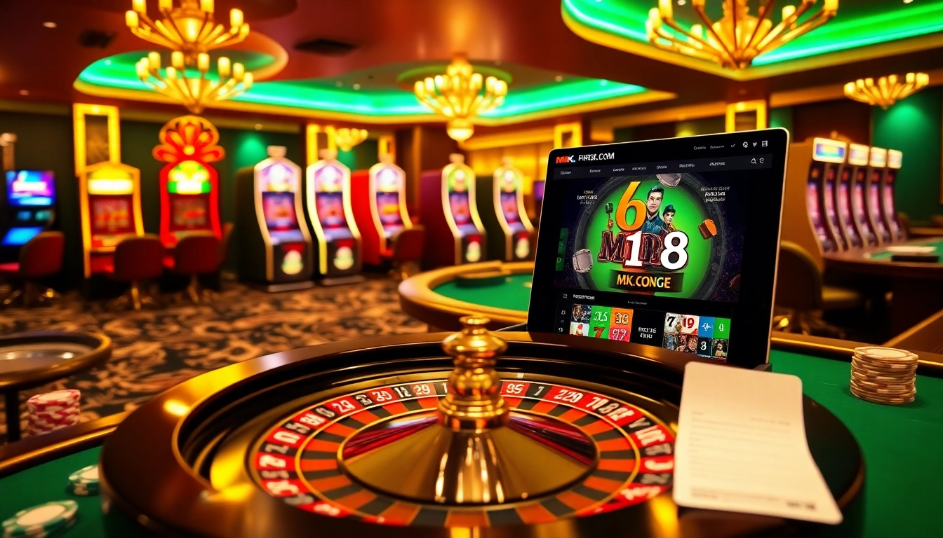 Betting action at MK8.COM with vibrant casino tables featuring slots, chips, and roulette.