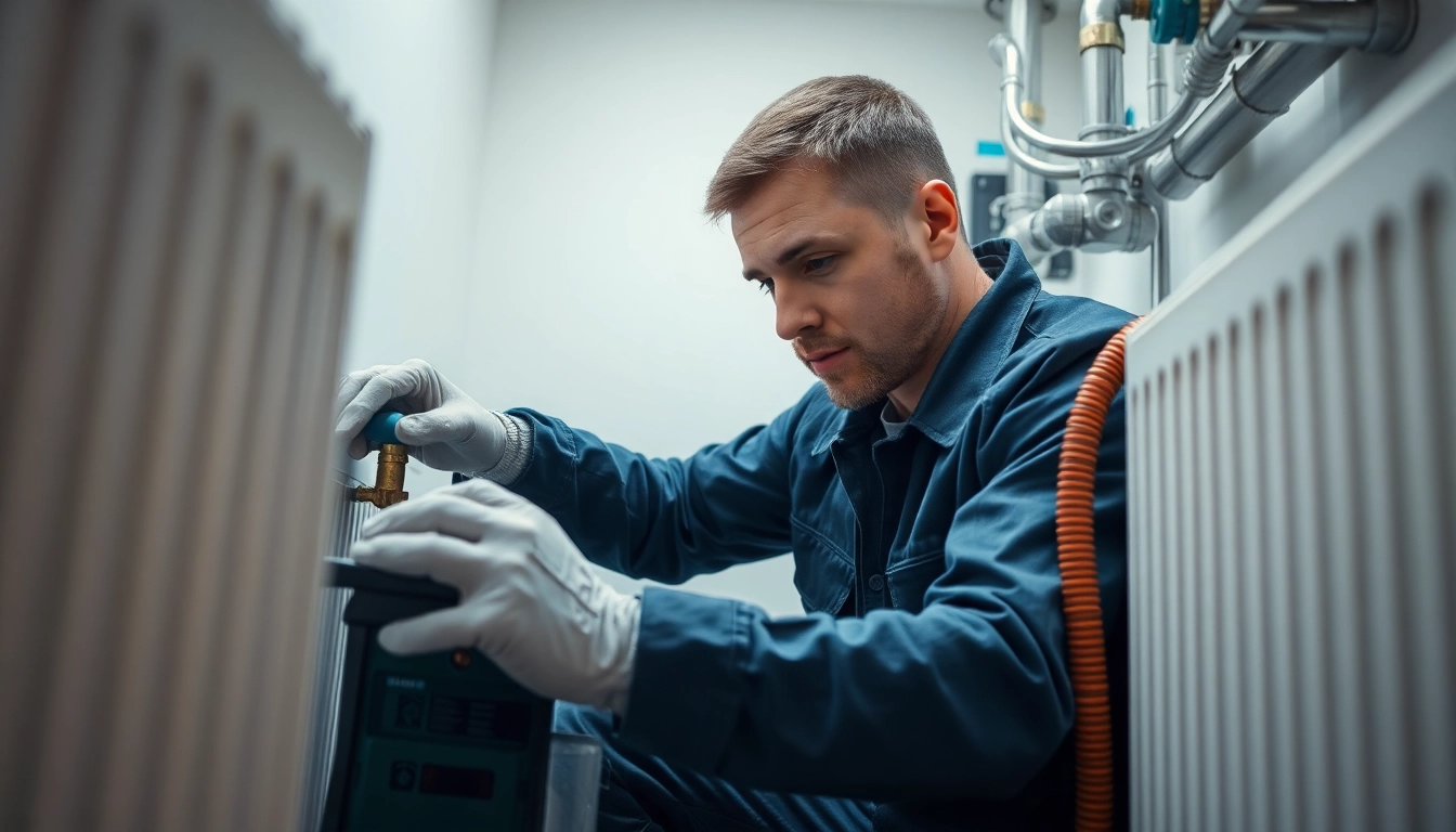 Power flush technician performing maintenance on a heating system