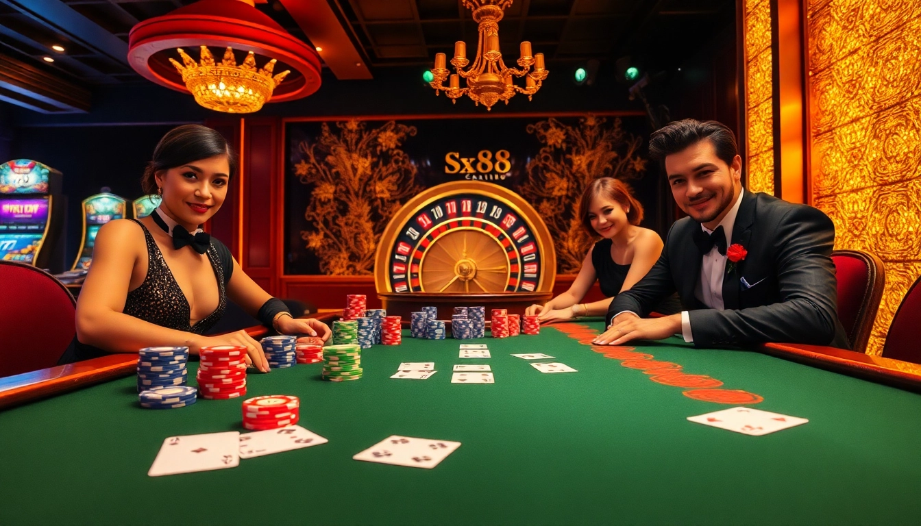 Experience high-stakes excitement at sx88 casino with glamorous players around a vibrant poker table.