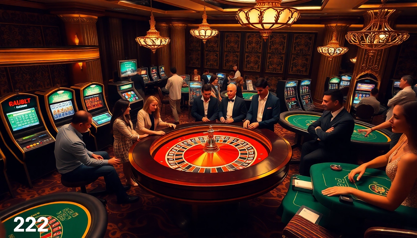 Engaged players enjoying a thrilling casino experience at the 222BD roulette table with vibrant slot machines.