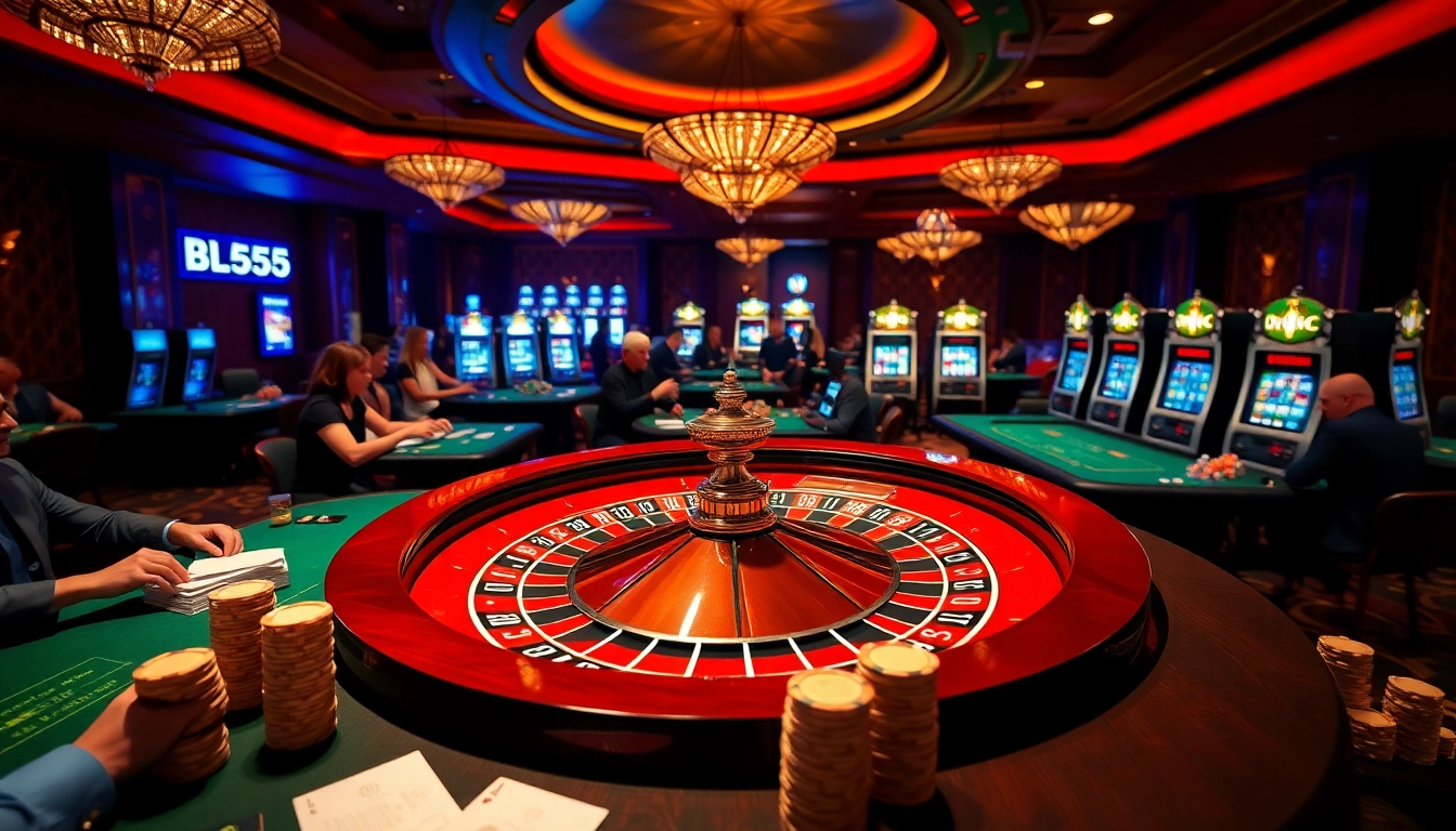 Engaging players at a luxury casino table with BL555 branding and vibrant betting action.