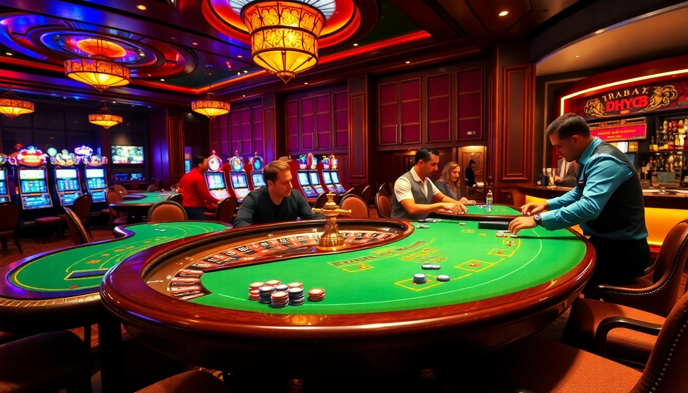 Players enjoying the thrill of winning at dh88 casino tables with vibrant slot machines in the background.