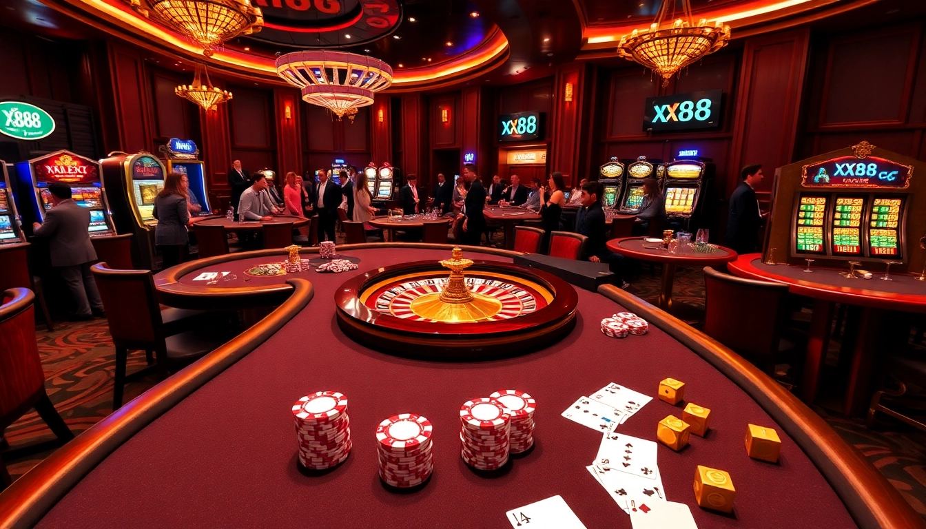 Players enjoying a high-stakes poker game at XX88 casino tables amidst an elegant backdrop.