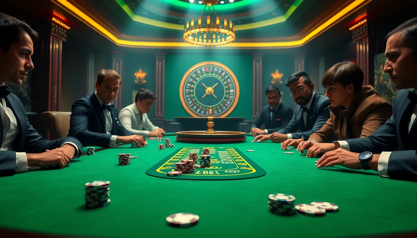 Players engaged in high-stakes poker at an MK8-themed casino table, showcasing excitement and luxury.