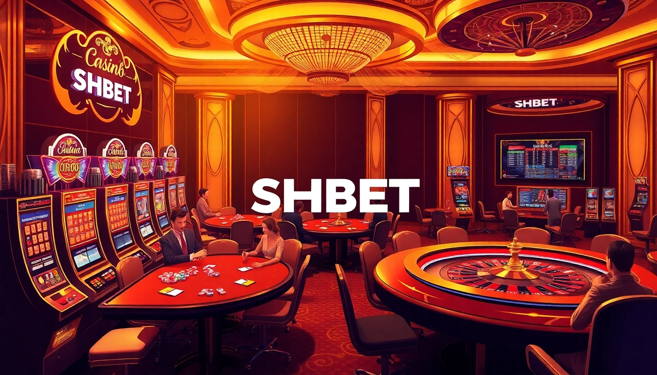 Experience the excitement of SHBET's online casino with vibrant poker tables and luxurious slot machines.