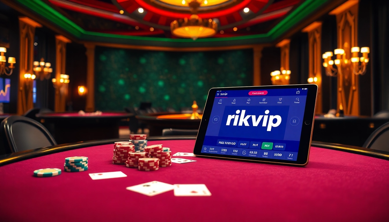Engaging poker game scene showcasing rikvip poker chips and cards on a luxurious table.