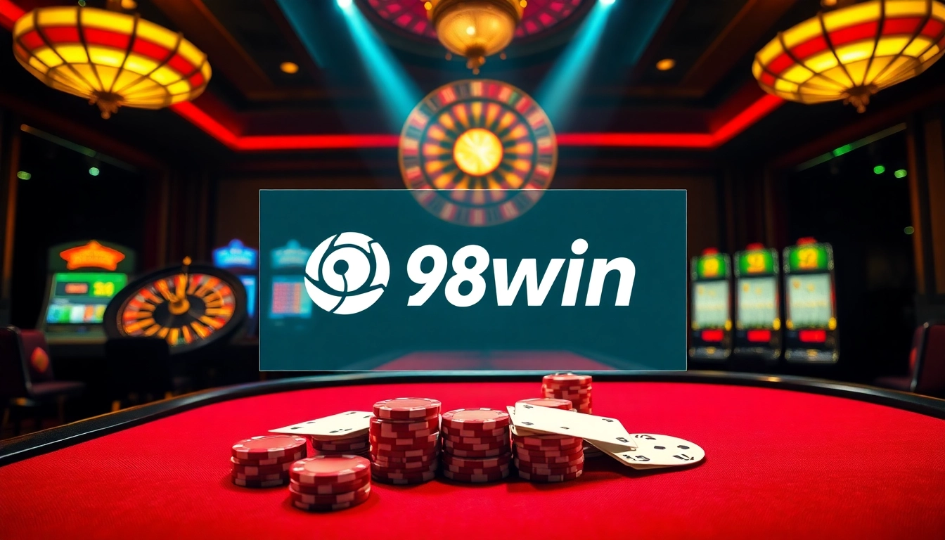 Experience thrilling gaming at 98win with poker chips and a roulette wheel in a lively casino setting.