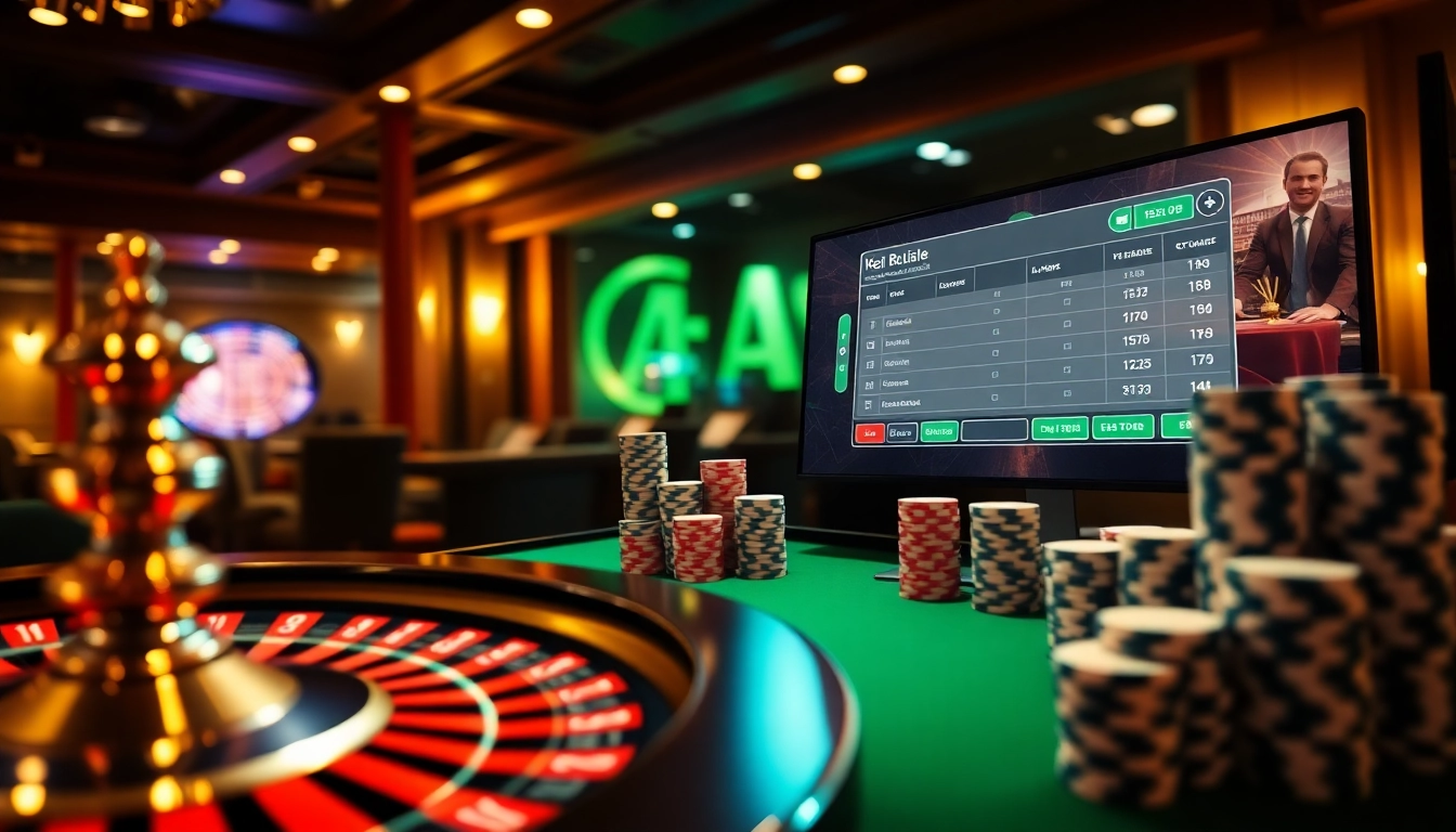 Vt88 nhà cái showcasing an exciting online casino scene with roulette and poker chips.