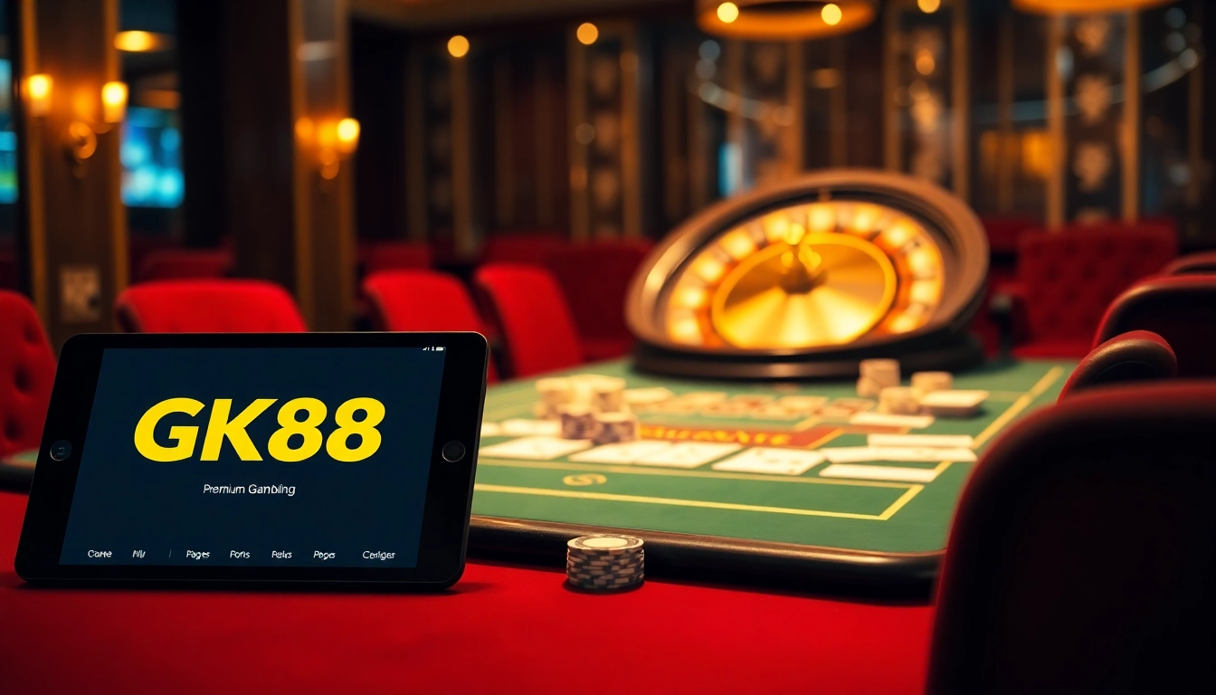 GK88 online gambling interface displayed on a sleek device amidst an exciting casino atmosphere.