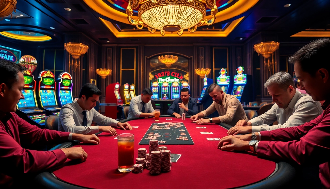 Exciting atmosphere at b52 club with poker games and colorful slot machines.