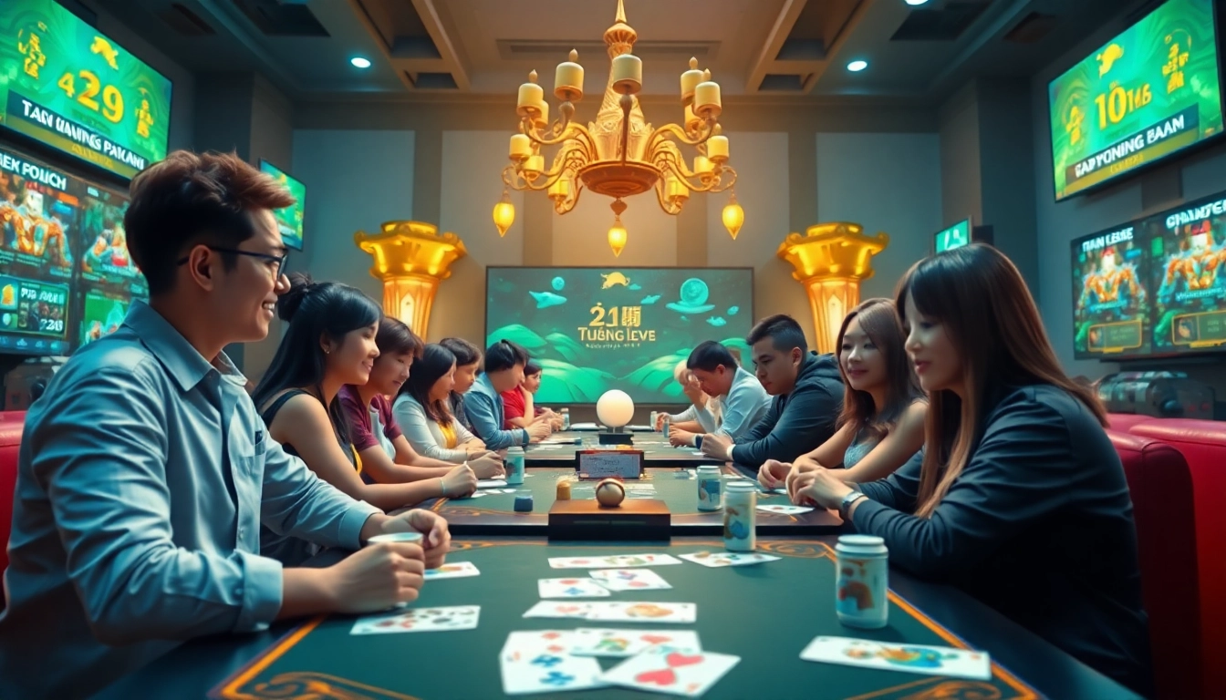 Engaging scene of players enjoying card games at gamebaidoithuong.com.vc, showcasing fun and competition.