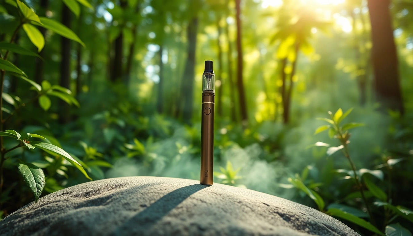 Buy DMT vape pen displayed in a tranquil forest, emphasizing its serene essence.