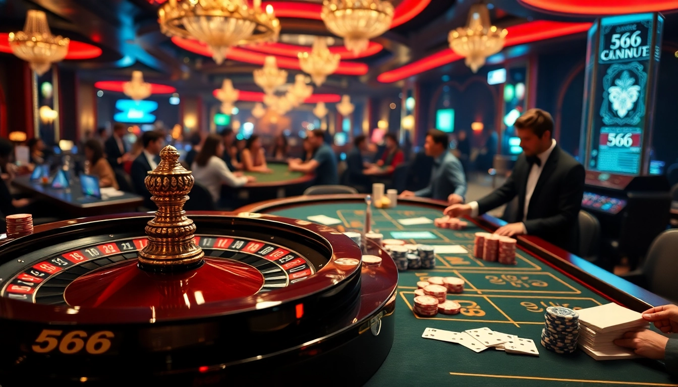 Experience the thrill of gambling at 566 with an exciting casino scene featuring roulette and poker.