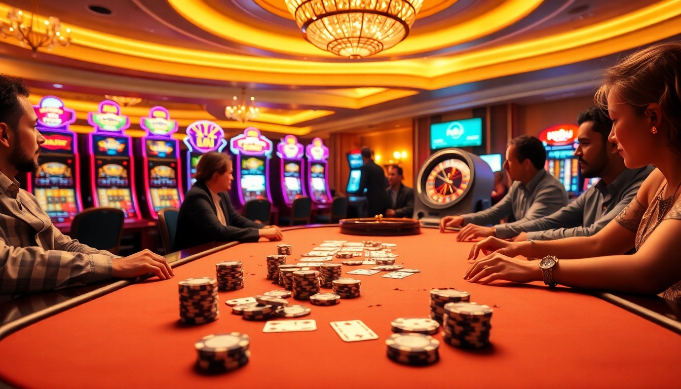 Players celebrating their wins at the nohu casino table surrounded by vibrant slot machines.