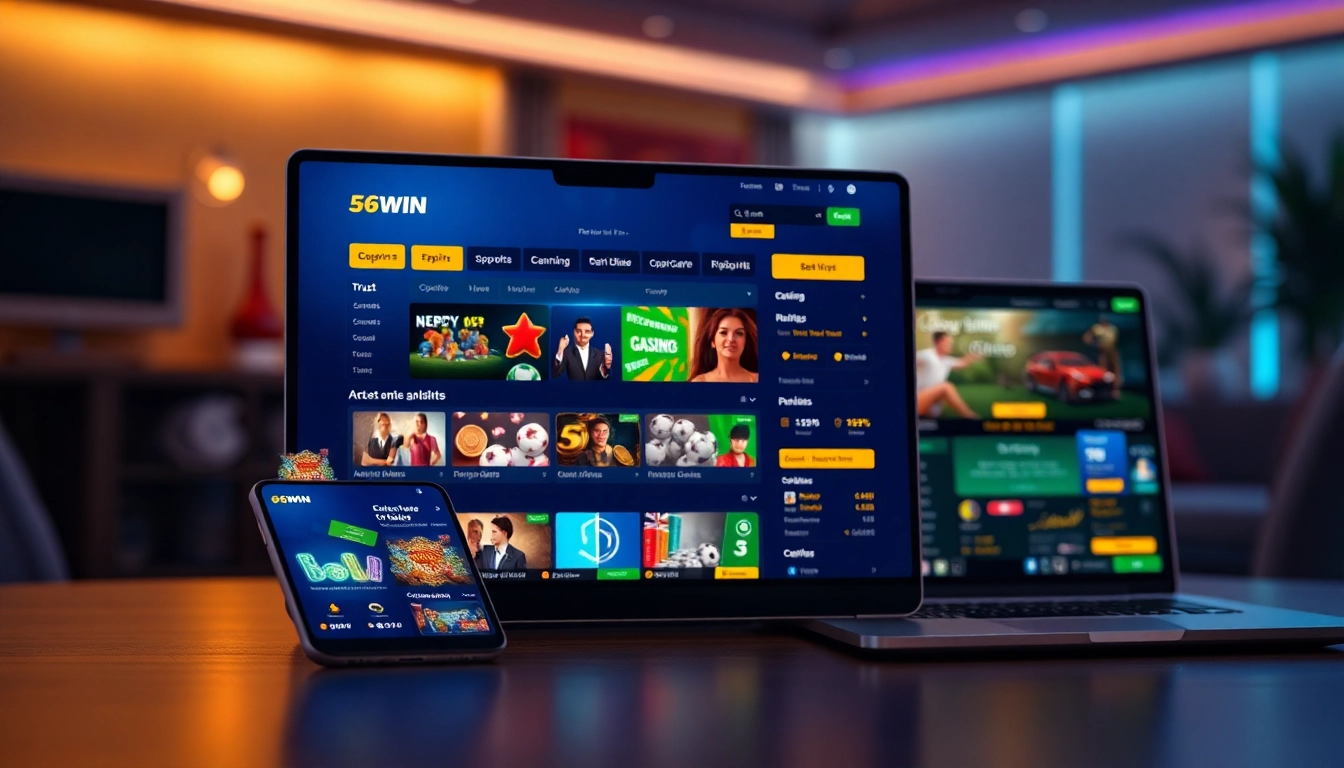 56WIN online betting platform showcasing sports, casino games, and fast transactions.