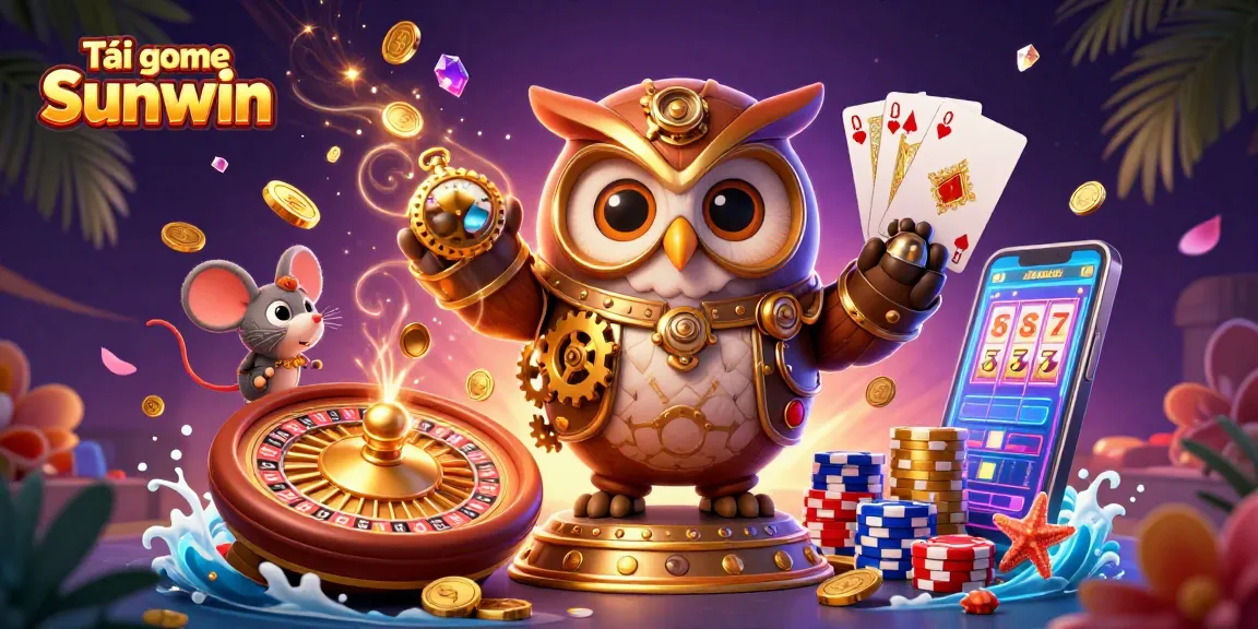 Tải game Sunwin with a whimsical owl and mouse amid vibrant casino elements and rich details.