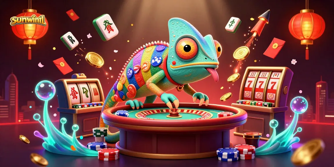 Experience the vibrant world of sunwint1, with a dynamic chameleon casino owner amidst colorful gaming elements.
