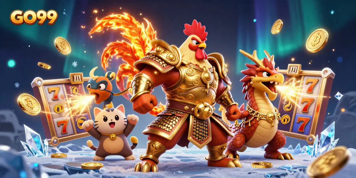 Experience GO99's vibrant casino adventures with a captivating rooster warrior and dragon hatchling amidst slot games.