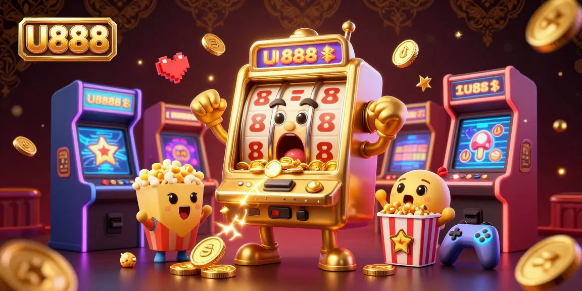 Experience the excitement of U888 with a golden slot machine hitting a jackpot surrounded by cheering machines.